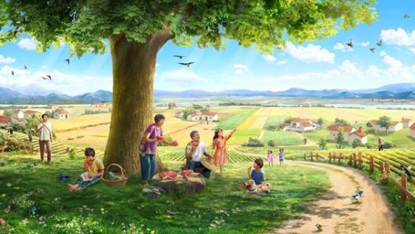 လယ်ယာလုပ်ငန်းလုပ်ပြီသည့်ချိန်မှာ မိသားစုတစ်ခုလုံး အပင်အောက်မှာအနားယူကြပြီး ဖရဲသီးစားနေသည်။